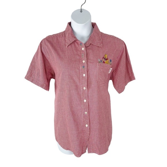 Vintage Disney Red Winnie the Pooh Gingham Embroidered Button Up Shirt - Picture 1 of 9